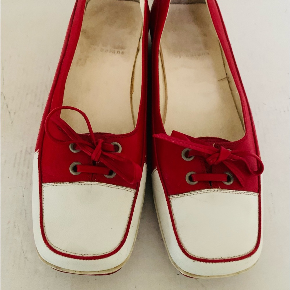 Red real leather comfortable no-slip walking shoes white cap toe cute tie bow 40
